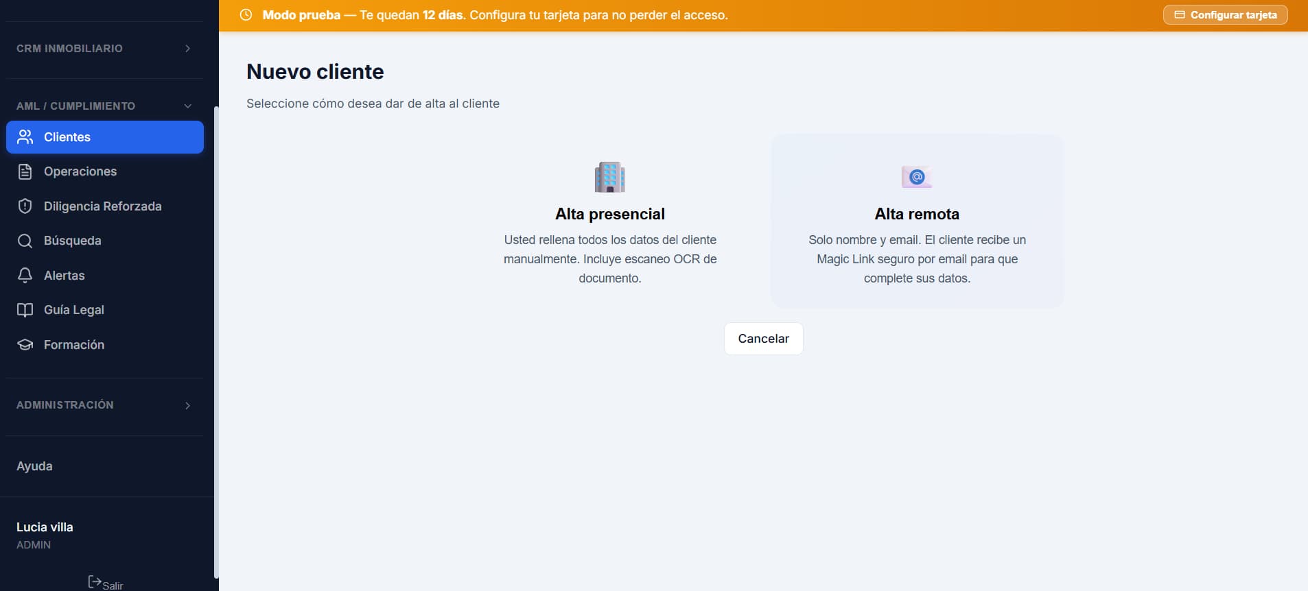 Pantalla de alta de cliente con opción presencial y remota